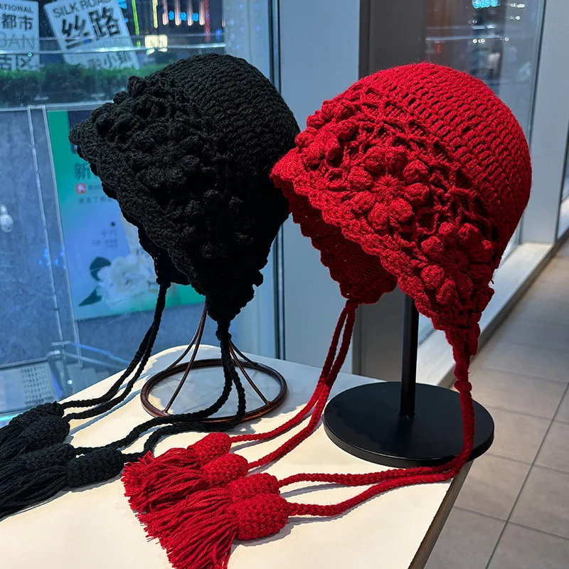 

Korean Tassel Flower Knitted Ear Protection Hat Women Autumn Winter Warm Handmade Crochet Earmuffs Cap Girl Pullover Beanie Hat