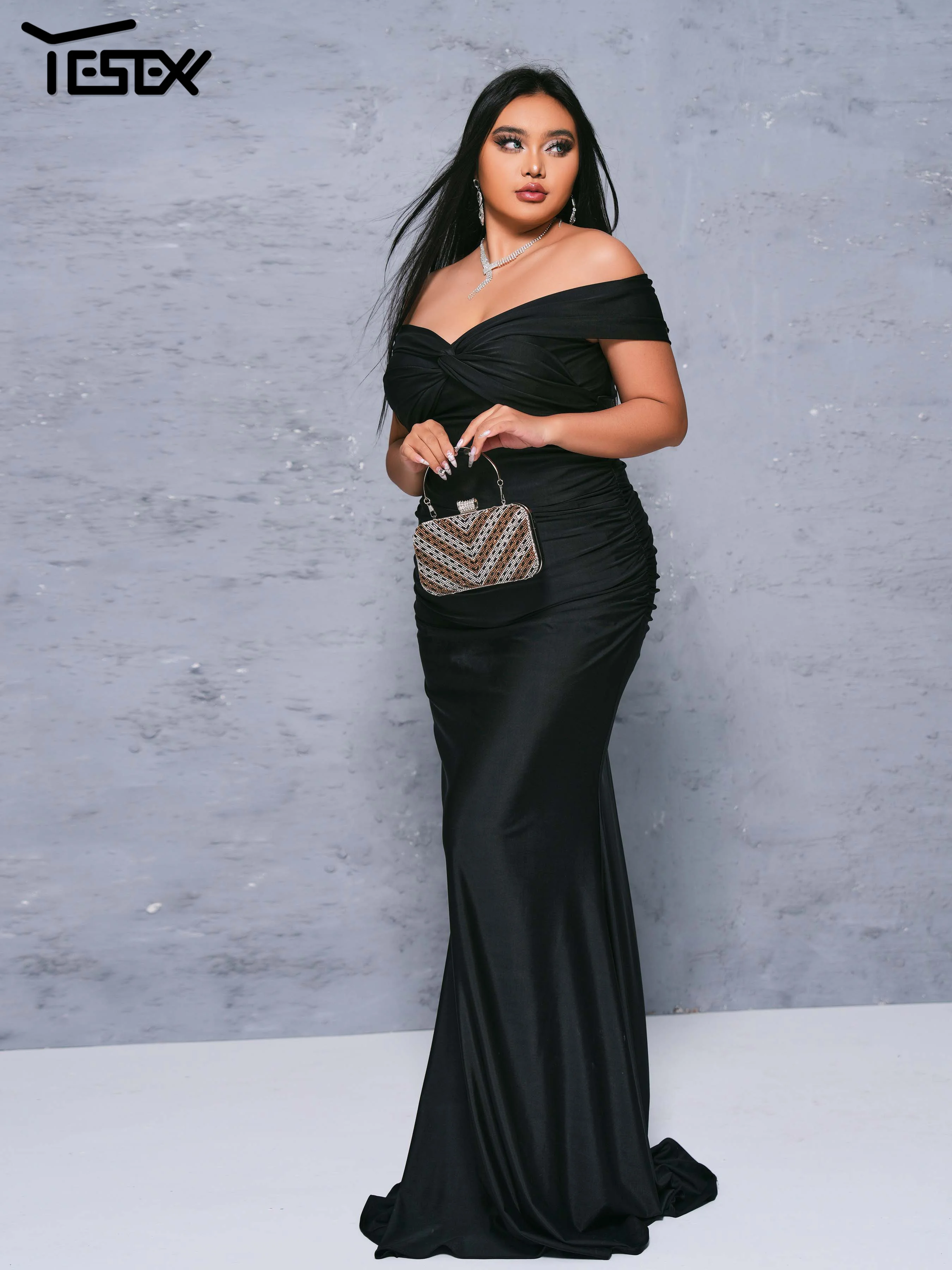 Yesexy Plus Size Black Ruched Off Shoulder Mermaid Evening Floor Length High Quality Luxury Dress