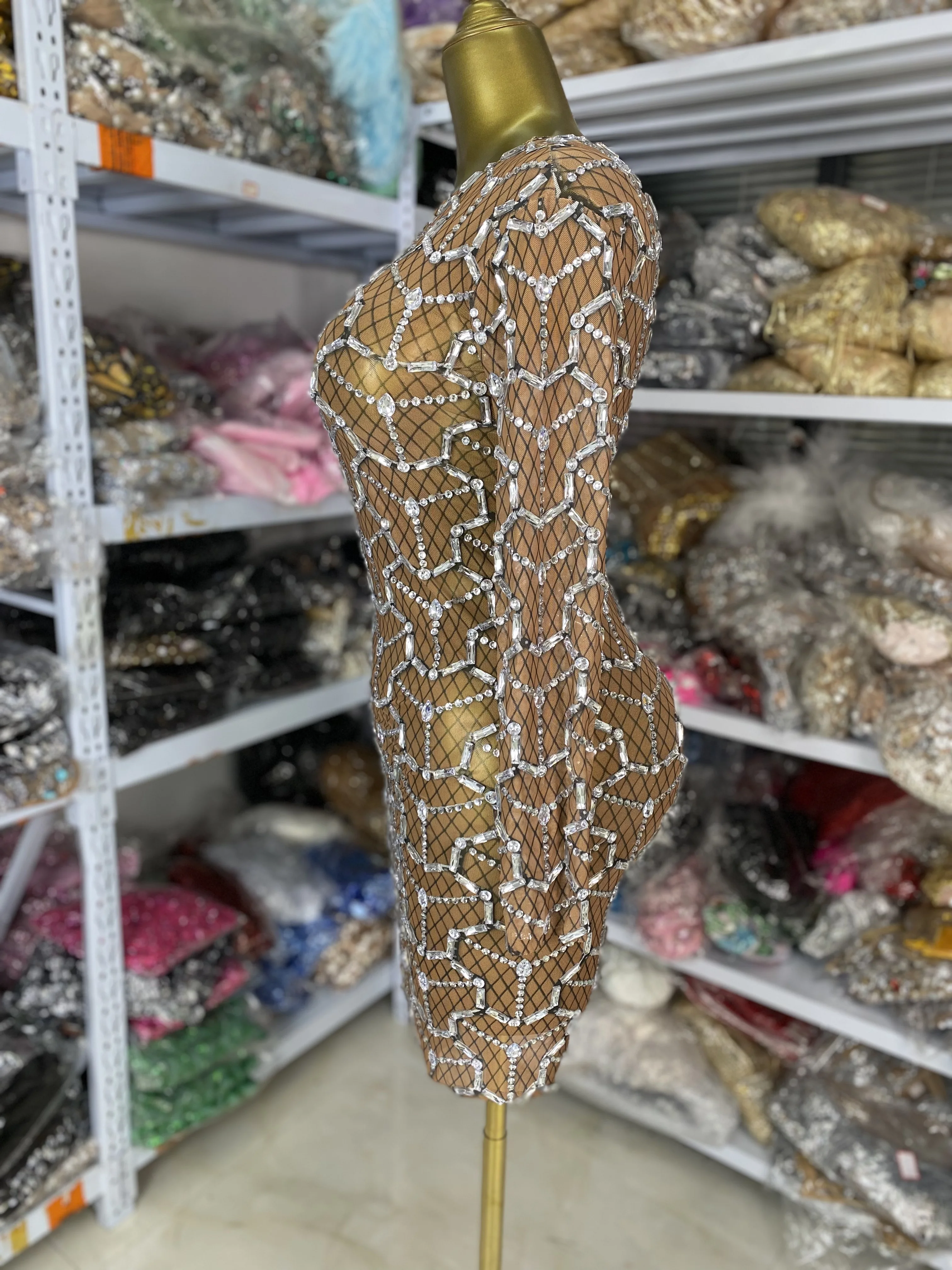 Women Luxury Printed Shiny Rhinestones Brown Mesh Long Sleeve O-Neck Bodycon Mini Celebrity Evening Club Party Dress Costumes