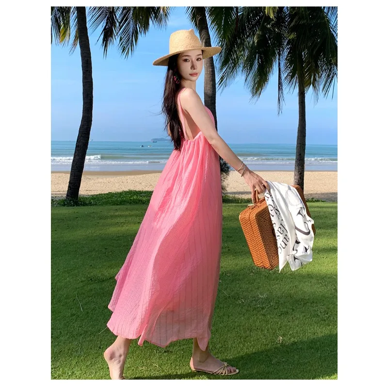 New Daring Fairy Backless Prom Dress Modern Women Pink Summer Birthday Sexy Dress Female Midi Holiday Sweet Simple Style Clothes