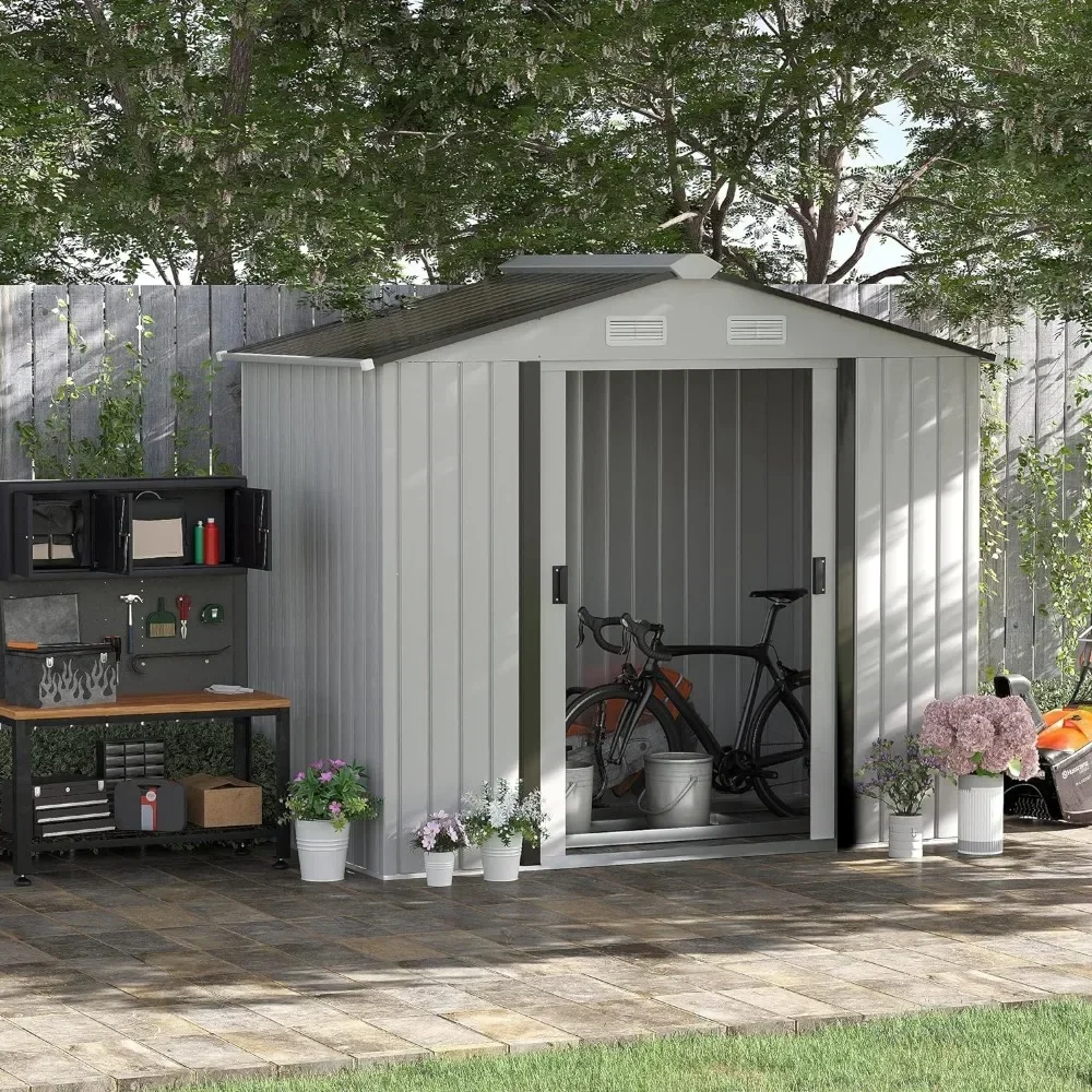 

7' x 4' Outdoor Storage Shed, Garden Tool House with Foundation, 4 Vents and 2 Easy Sliding Doors for Backyard, Patio, Lawn