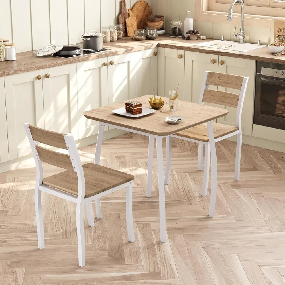 

3 Piece Dining Table Set for 2, Farmhouse Kitchen Table and Chair, Metal Frame Square Dining Room Table Set for Small Space,