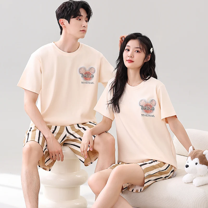 

Cartoon Cute Cotton Sleepwear for Couples 2024 New Women and Men Matching Homewear Short Sleeves Sleeping Top Shorts Pjs Pyjamas