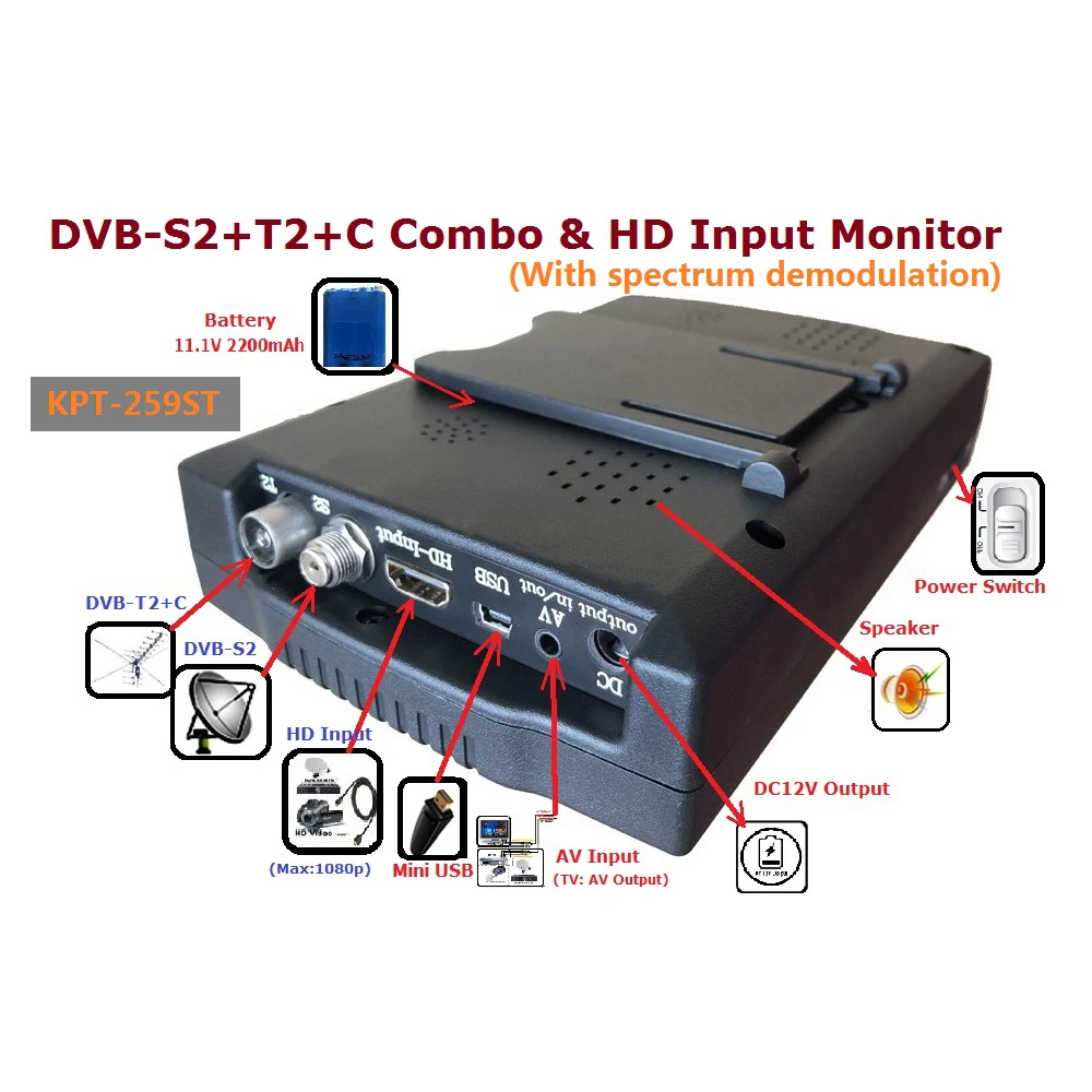 Kpt-259st Dvb-s2 Dvb-t2 Dvb-c Finder Meter Odbiornik telewizji satelitarnej Analiza widma Wyszukiwarka satelitarna Odbiornik telewizyjny