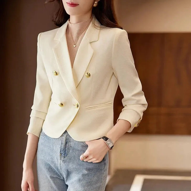 Fashion Double-Breasted Women Blazers Korean Notched Cropped Suit Jacket Ladies Casual Solid Long Sleeve OL Office Lady Blazer