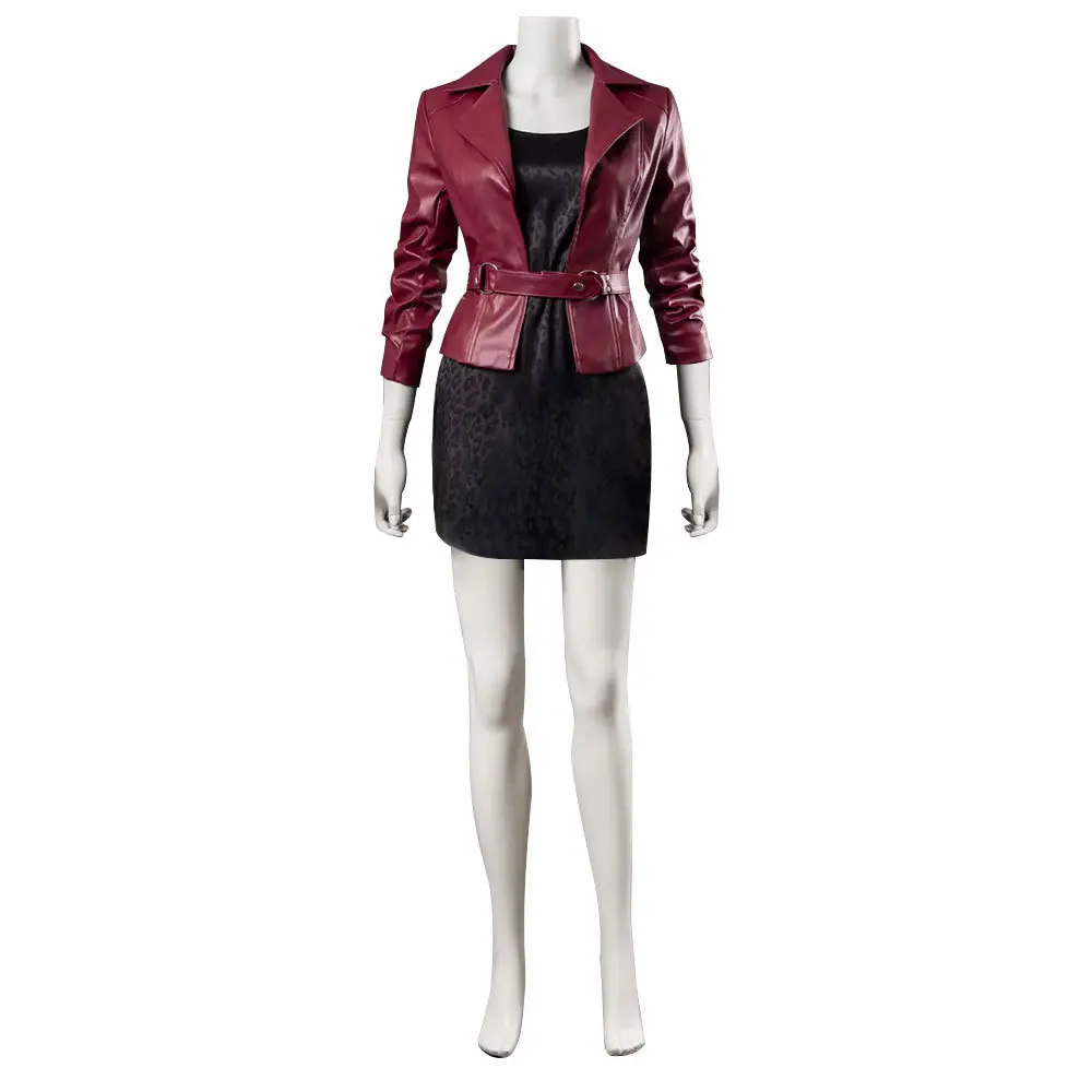 Female Maria Cosplay Red PU Jacket Dress Costume Game Silent Hill Women Black Dress Outfit Halloween Carnival Party Suit