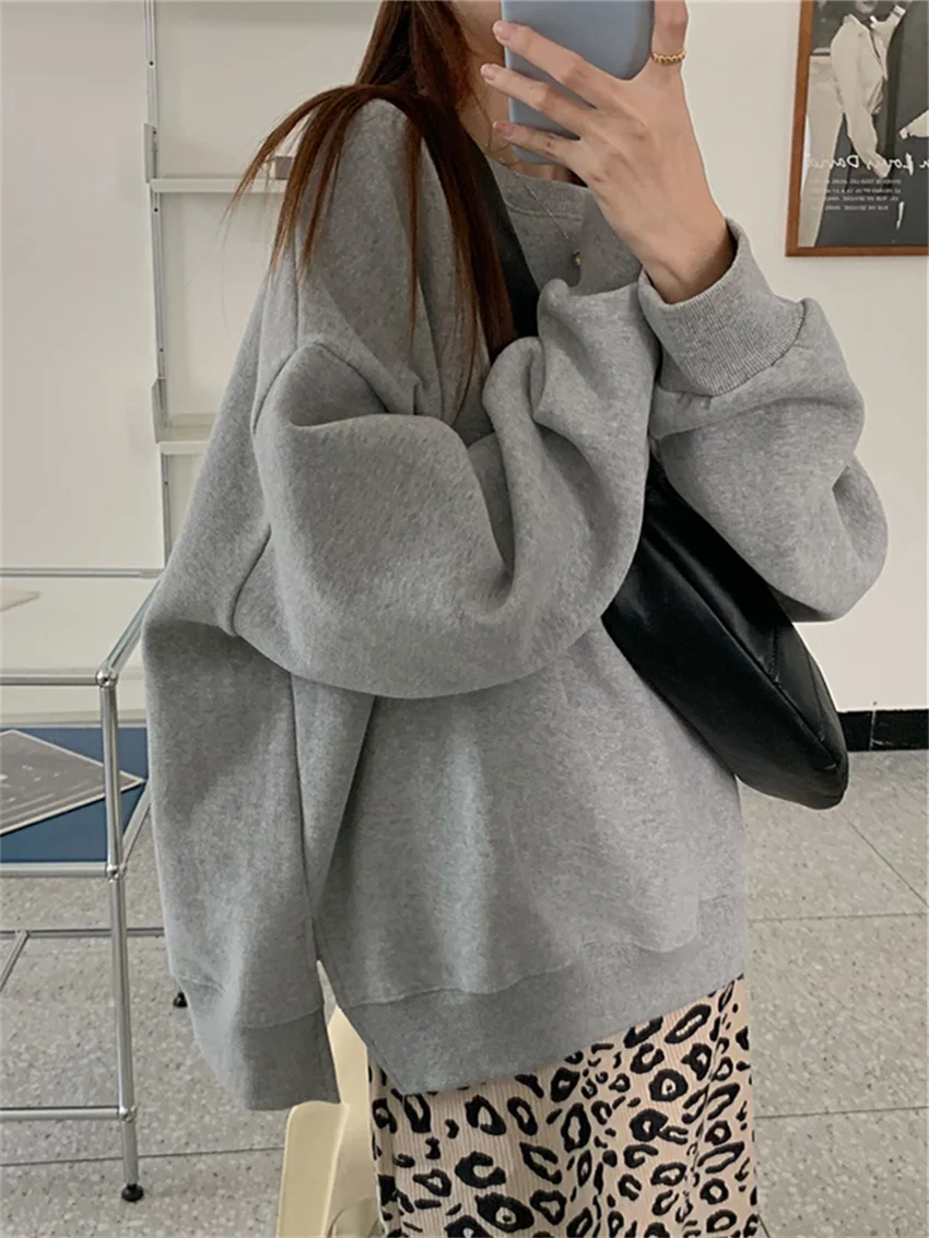 Arazooyi Grey Sweatshirts Women Split Spring Office Lady Winter Plush Warm All Match Chic Fashion Loose New Solid Casual Slim