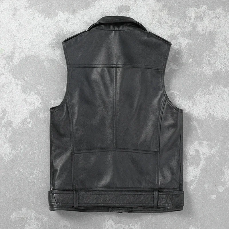 Black Cow Leather Biker Vest With Belt Moto Biker Men Genuine Leather Vest Motorcycle Waistcoat Men Leather Jacket Sleeveless