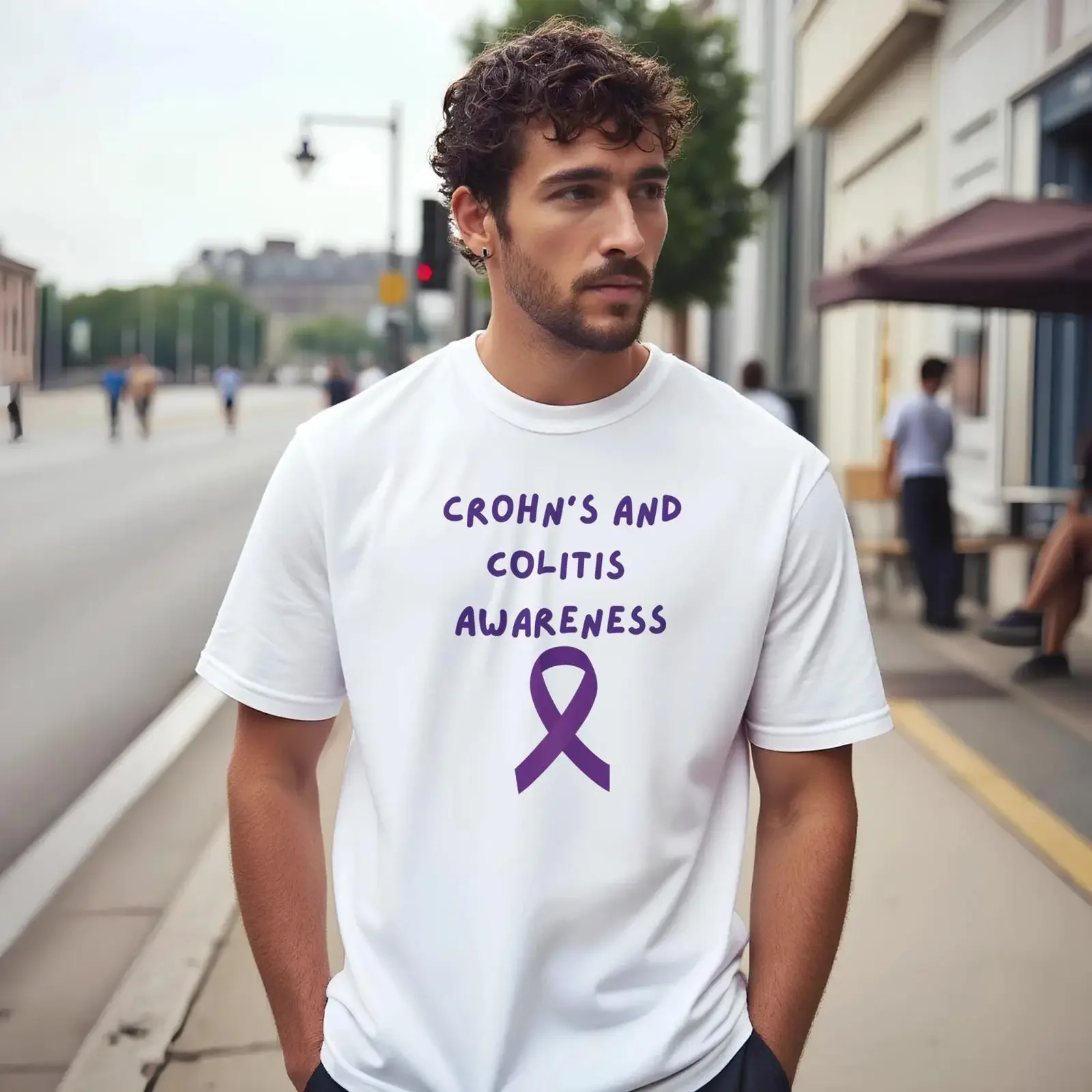 Футболка IBD Purple Ribbon: Винтажная дизайнерская одежда с эффектом потертости для поддержки при аутоиммунных заболеваниях кишечника, включая хроническую энтеропатию и колит.