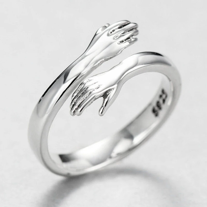 Sterling Silver Love Hug Couple Ring Retro Fashion Rings Letter Finger Ring Unisex Adjustable Size Jewelry Gift