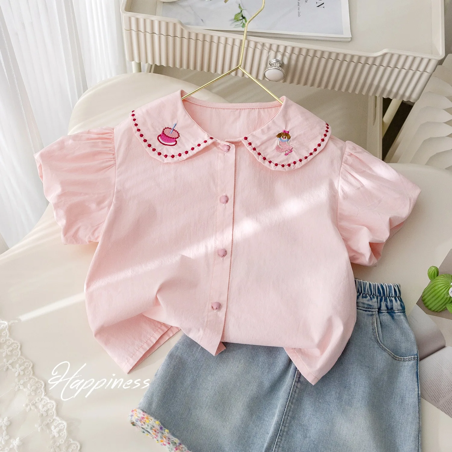 Loose One Breasted Floral Button Tops Kids Girls Pink T-shirt Embroidery Print Peter Pan Collar Puff Sleeve Blouses One Breasted