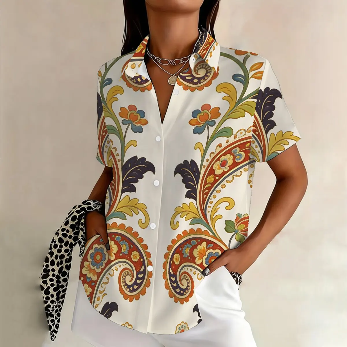 

Fashion women's plus-size short-sleeve shirt for summer, vintage and elegant patterns, trendy and eye-catching, suitable
