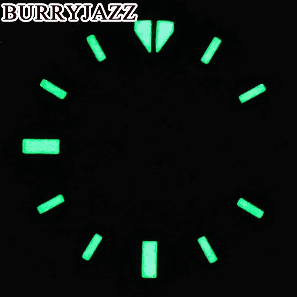 BURRYJAZZ 29mm No Logo NH36 Watch Dials Black Dial Green Luminous Fit 3 O'clock 3.8 O'clock Case Crown