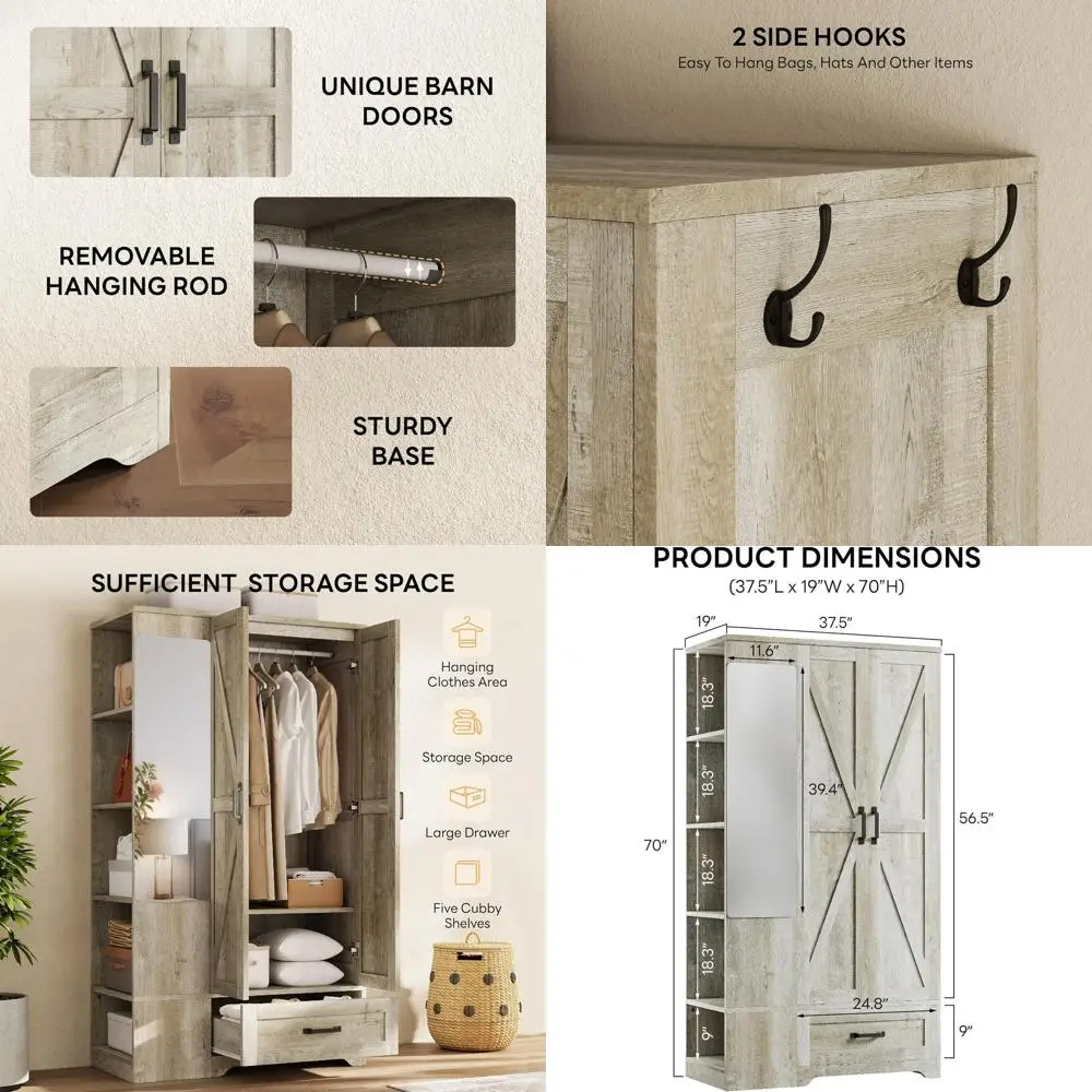 

70 Large Rustic Maple Wooden Wardrobe with Mirror, 2 Doors, Hanging Rail & Shelves