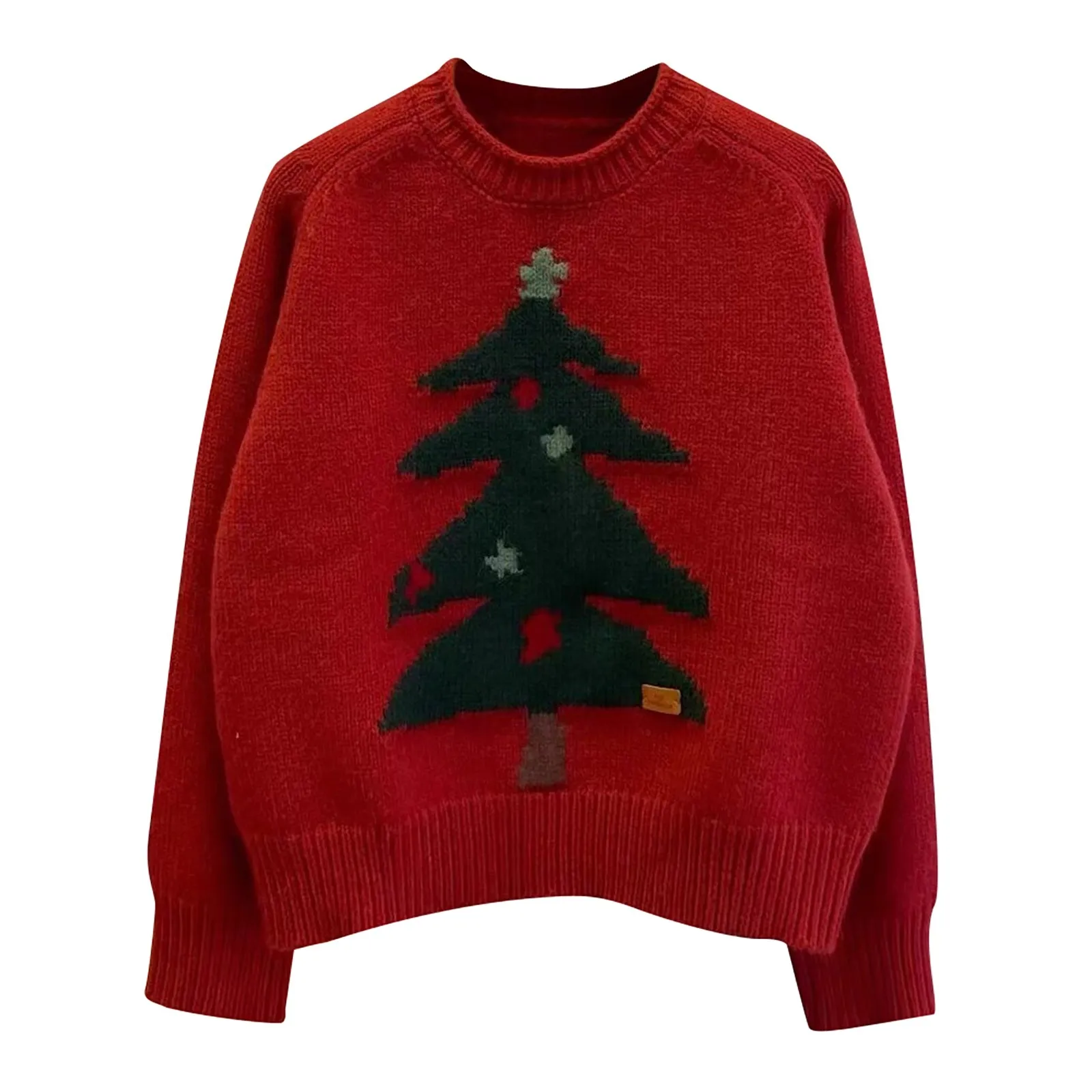 Christmas Tree Print Crew Neck Knit Sweater Fall Winter Casual Long Sleeve Pullover Graphic Loose Young Sweater Tops Women