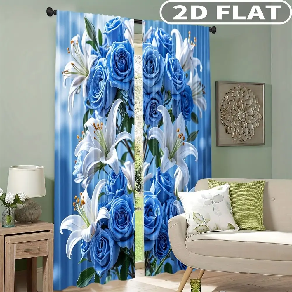 

2D FLAT 2pcs Curtains Blue Roses And White Lilies Perfect for Balcony, Bedroom, Living Room, Suitable for 4 Seasons
