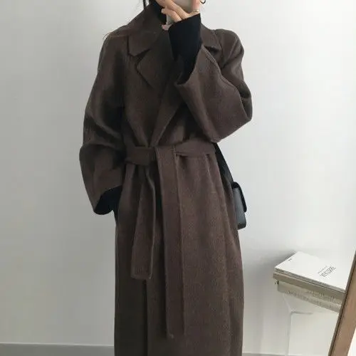 Minimalist Chic Woolen Coat Korean Style Gentle Suit Collar Loose Waist Cinched Mid-Length Outerwear for Women Long Sleeve