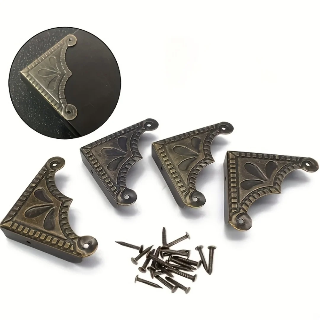 8Pcs Furniture Fittings Antique Corner Bracket Jewelry Gift Box Wood Case Decorative Feet Leg Corner Decorative Protector +Nails view 2