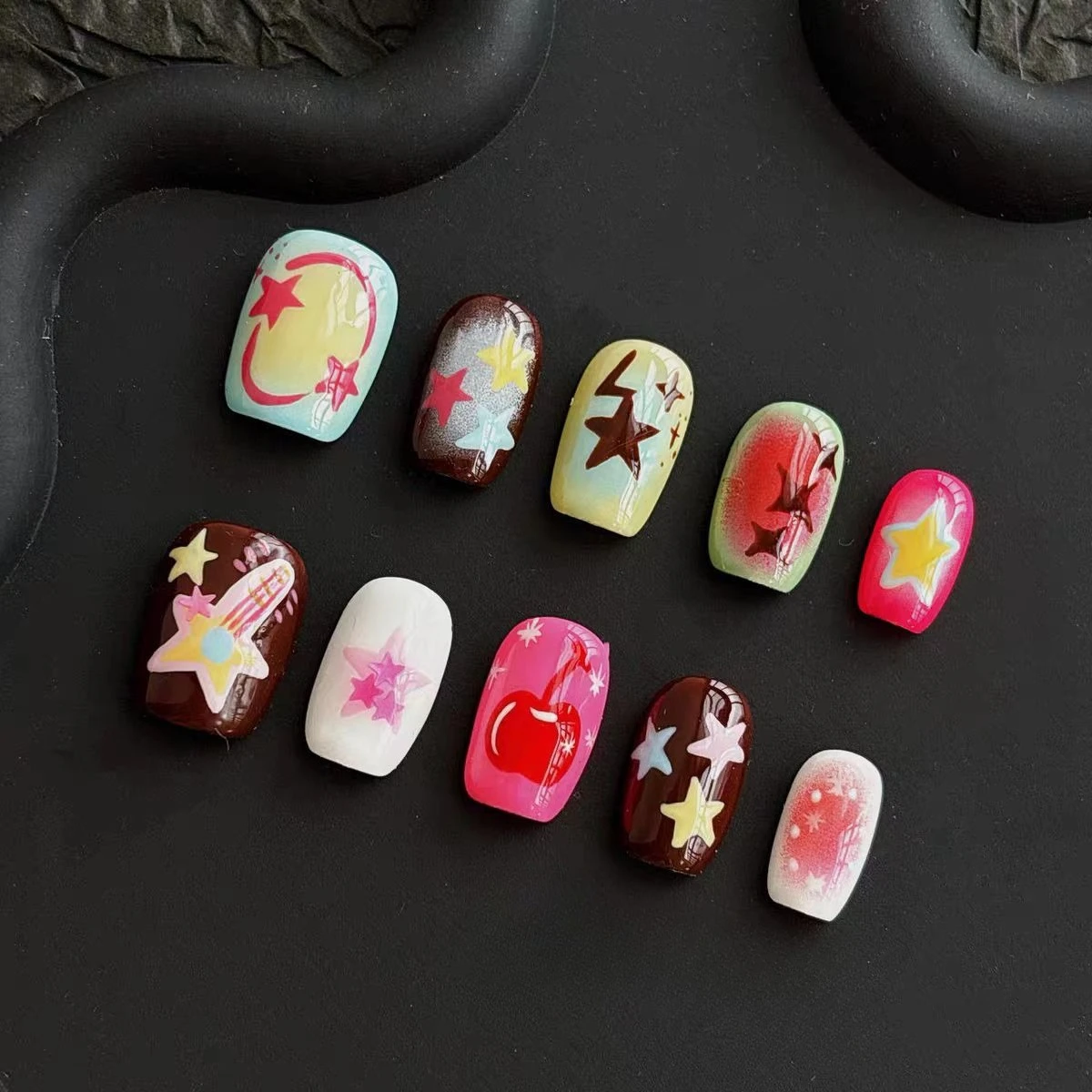 New Handmade Chocolate Stars Hand Painted Wearing Nail Art Cartoon Sweet Cool Babes Y2K Color Dopamine Press on Nails