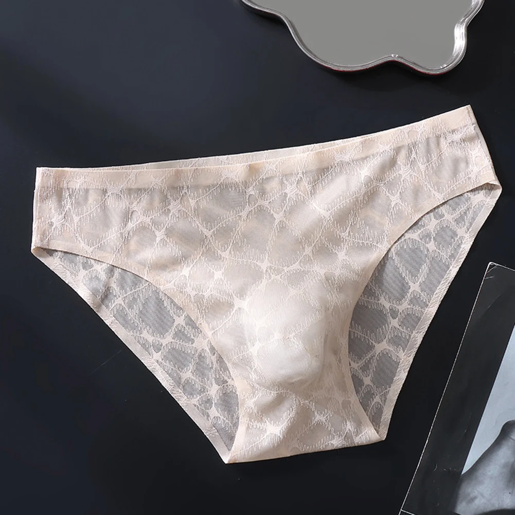Men Sexy Lace Super Thin Ice Silk Smooth Briefs Underwear Summer Breathable Bulge Pouch Low Waist Solid Color Panties