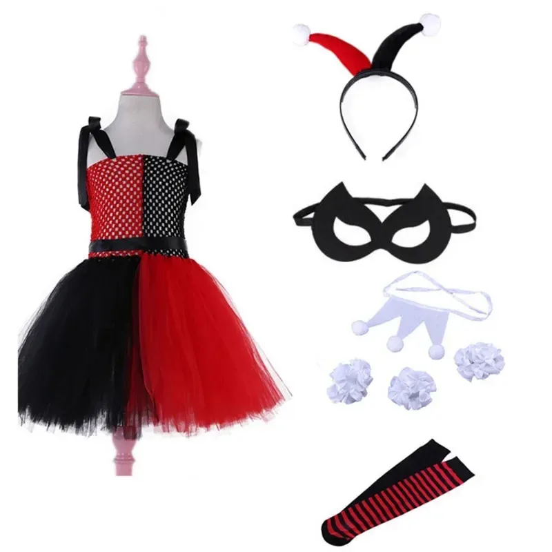 Children Clown Joker Costume Girls Circus Tutu Dress with Headband Kids Birthday Halloween Christmas Party Cosplay Mb;4.f'7;j,3'