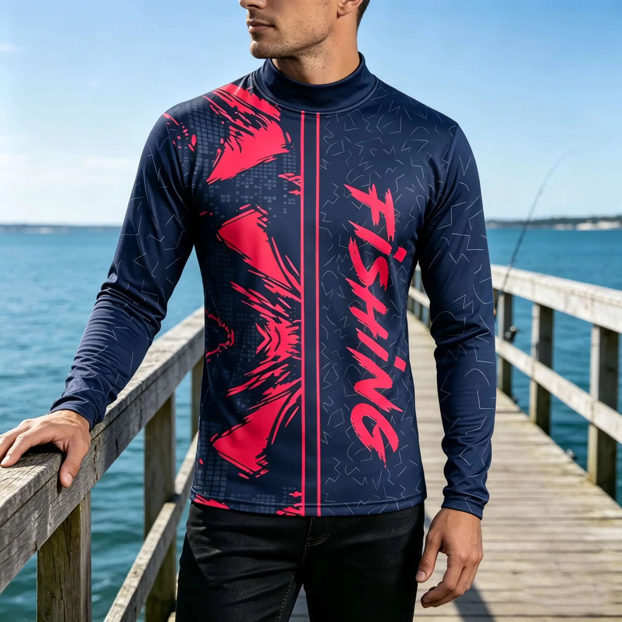 Angler‑Style Men Mock Neck Long Sleeve Top Red Navy Graffiti Print Comfortable Breathable Water Outdoor Sport Base Layer