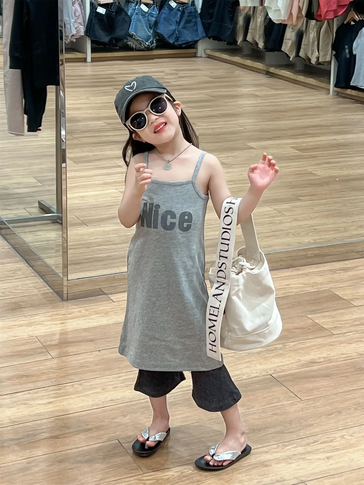 Girls' Dress Summer Children Stacked Top NICE Printed Grey Strap Dress Fashion Kids Sports Slimming Toddler Girl Clothes