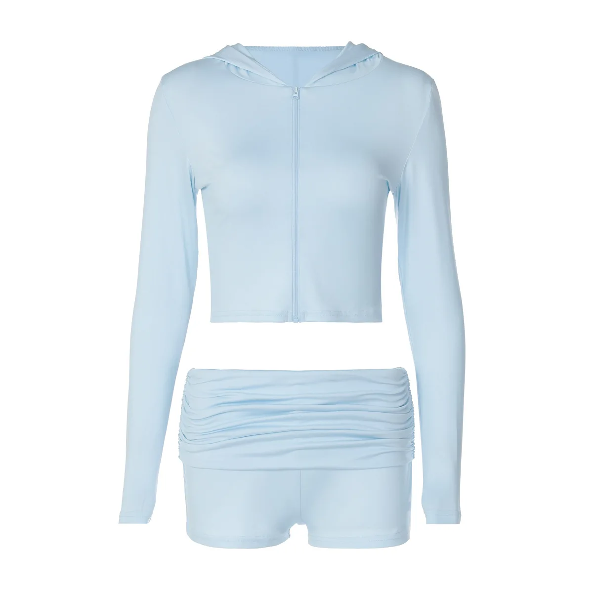 Europäischer und amerikanischer Stil Damen Herbst neuer Reißverschluss Kapuzenoberteil plissierte enge Shorts Mode Sportstil zweiteiliger Anzug