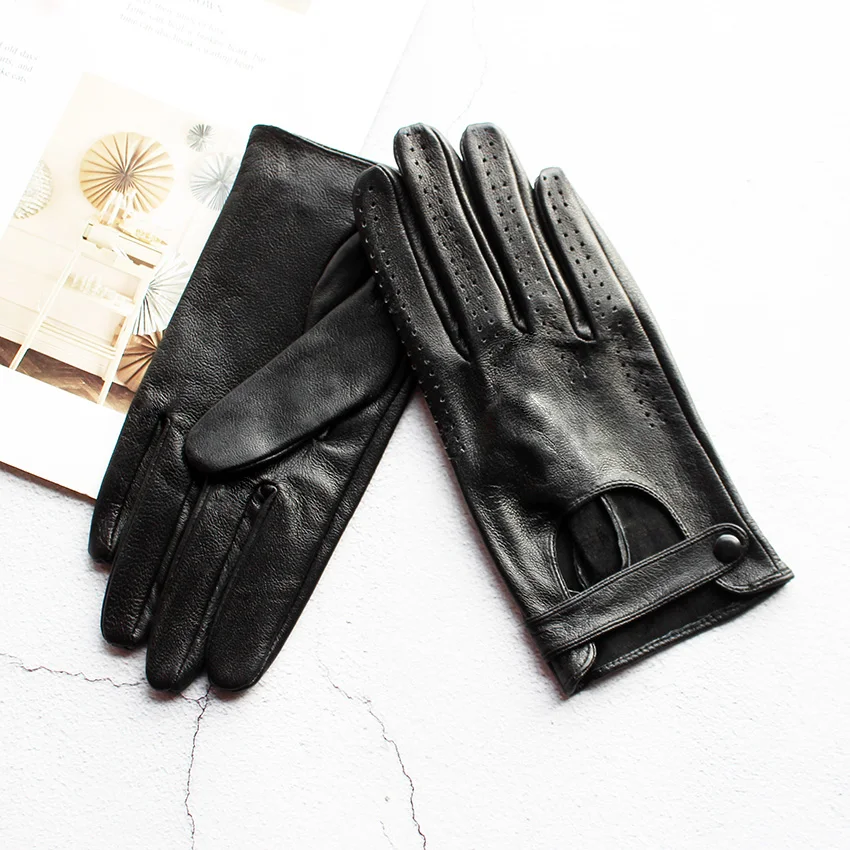 Summer Driving Genuine Leather Driver Gloves Women\'s Sheepskin Thin Motorcycle Riding All Fingers Fashion Hollow Out Unlined