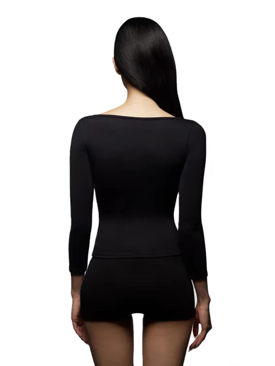 تانك أبيض وأسود لون نقي U الرقبة المرأة طويلة الأكمام تي شيرت بسيط وعصري ومريح قاع قميص