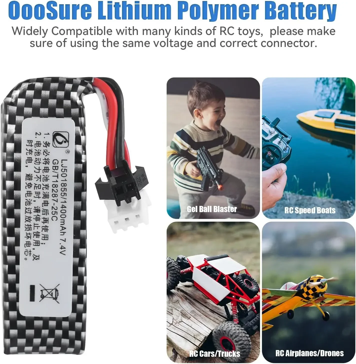 7.4V 1400mAh 25C Lipo Battery for Water Gun RC Electric Toy Airsoft Pistol Gel Gun STD-X2 Automatic Splatter Ball