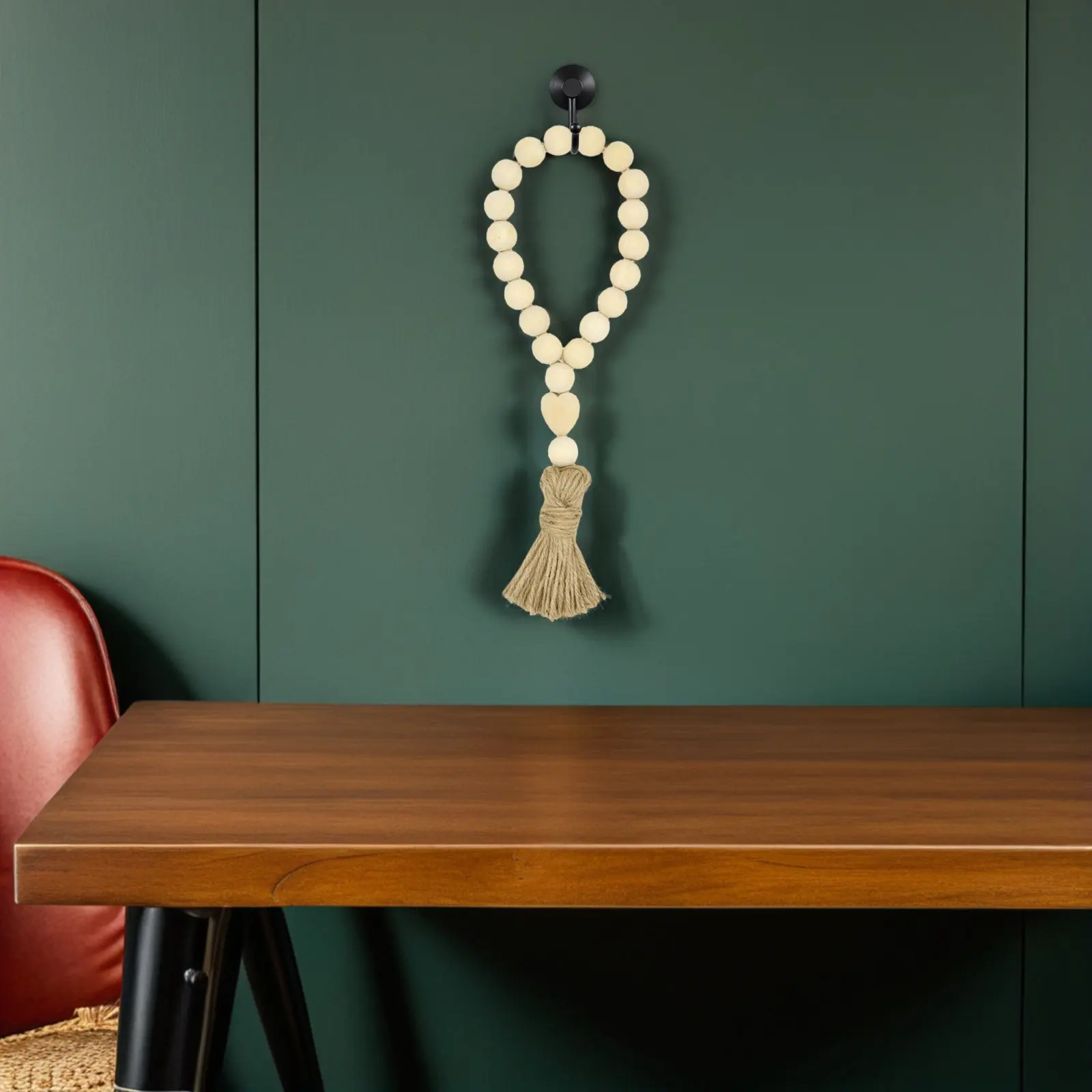 Guirlande de perles en bois naturel faites à la main, avec pompons en jute rustiques, décoration murale, artisanat pour la maison, style ferme, décoration en perles de bois