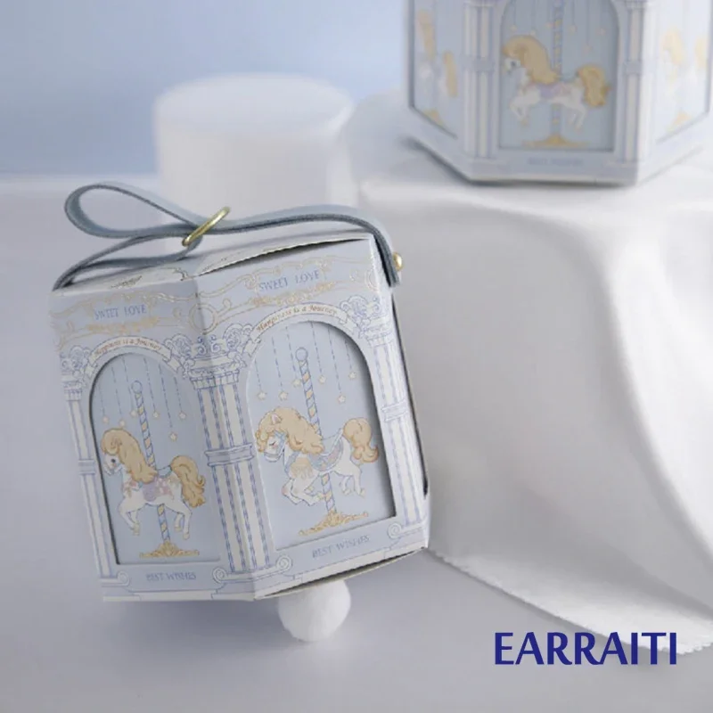 Caja de regalo de 10 Uds., embalaje para Baby Shower, recuerdos de cumpleaños para niños, aperitivos, dulces, galletas, cajas, carrusel azul y rosa, suministros para fiesta de novia