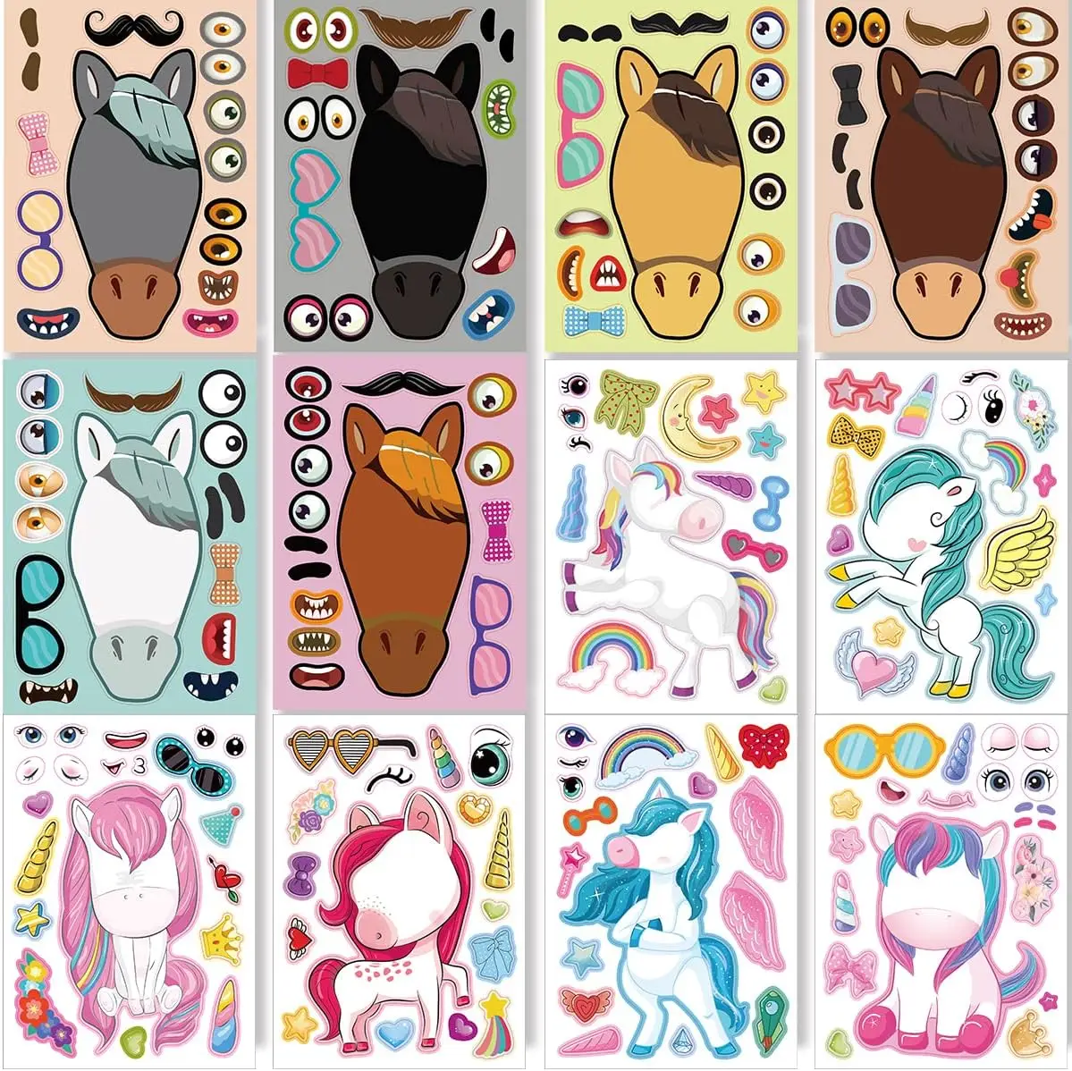 24 arkusze Zrób własne naklejki Naklejki na twarz dla maluchów Mix Match Jednorożce Dinozaur Koń i zwierzęta morskie Dla dzieci Ulubione przyjęcia