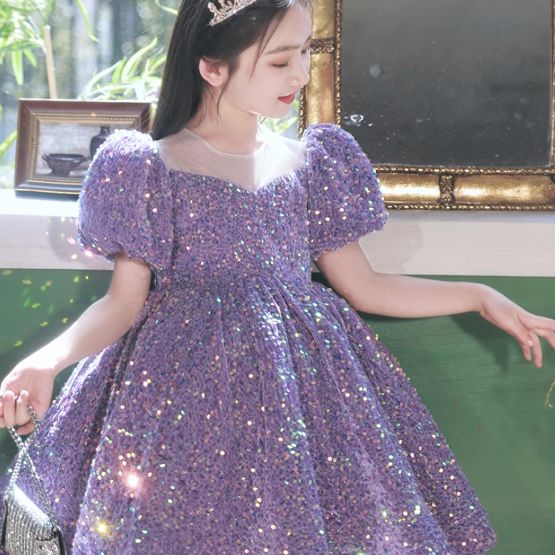 2023 Evening Wedding Kids Formal Occasion Party Dresses for Little Girls Special Events Purple Sequins Short Gown Luxury Pageant