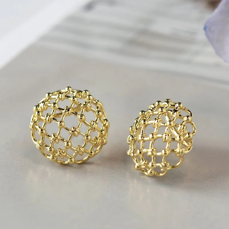 Huitan Hollow Cross Half Ball Design Women Stud Earrings Gold Color Simple Party Versatile Wedding Daily Minialist Metal Jewelry