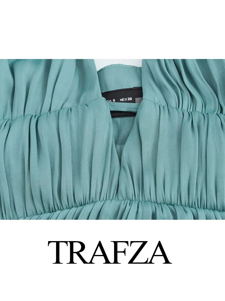 TRAFZA-Robe Longue Plissée Verte pour Femme, Vêtement à la Mode, Décorer, Dos aux, Col Rond, Style Plage, Été