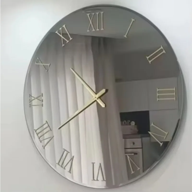 80CM Indoor with LED Night Light Glass Large Mirrored Backlight Wall Clock Time Wheel Home Decor Arts Watch