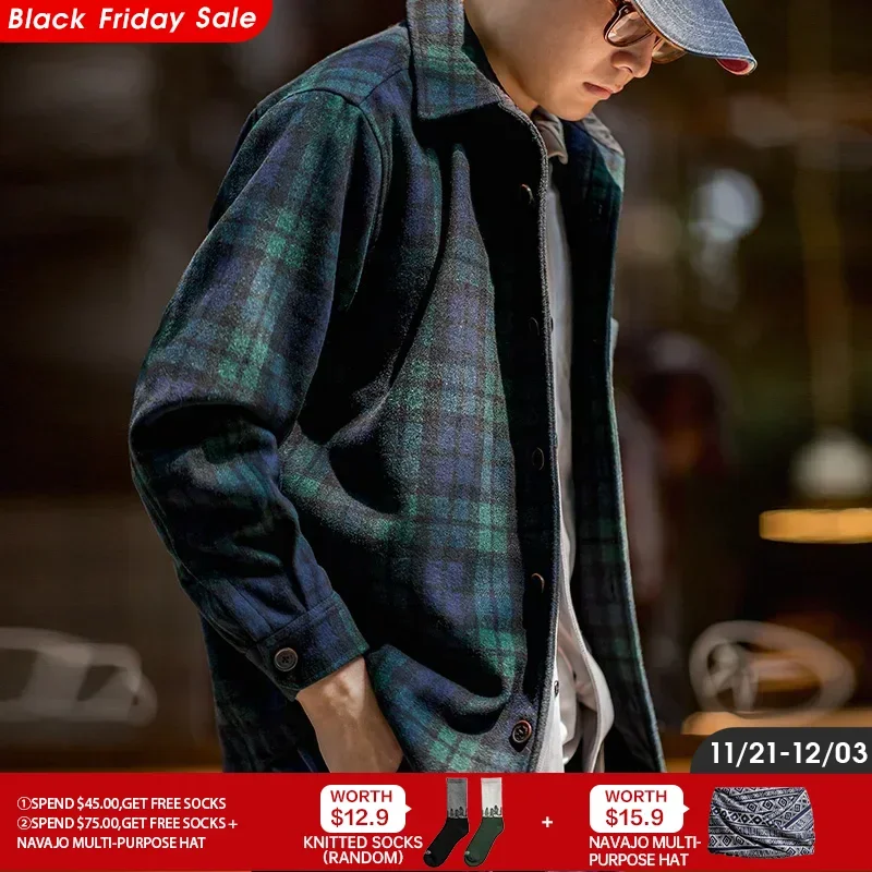 Maden Vintage Blue and Green Plaid Wool Jacket Loose Thickened Plaid Shirt Jacket Men's Casual Shirt Coat Male Warm Outwear