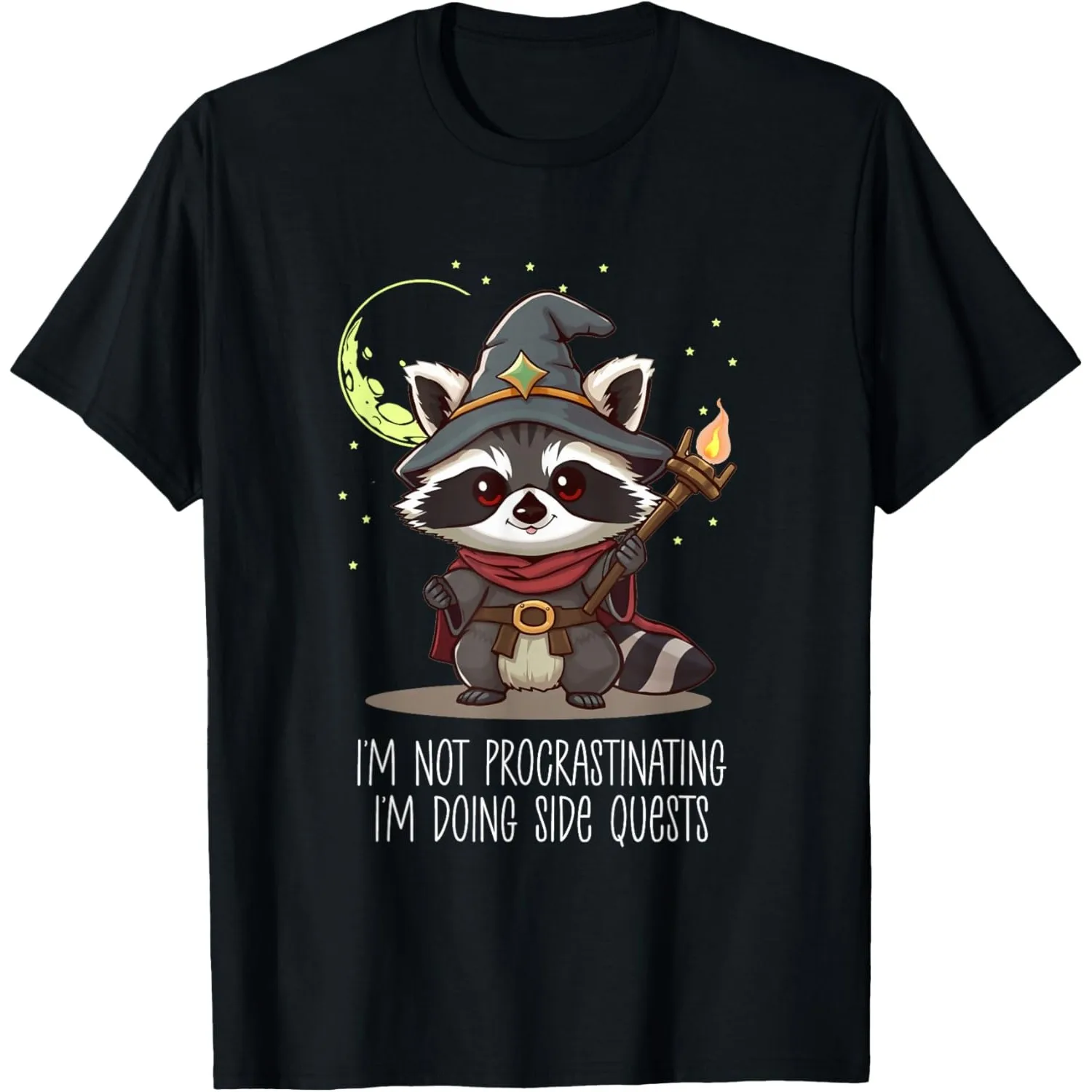 Wizard Raccoon Side Quests Graphic Tee Funny RPG Gaming T-Shirt for Men