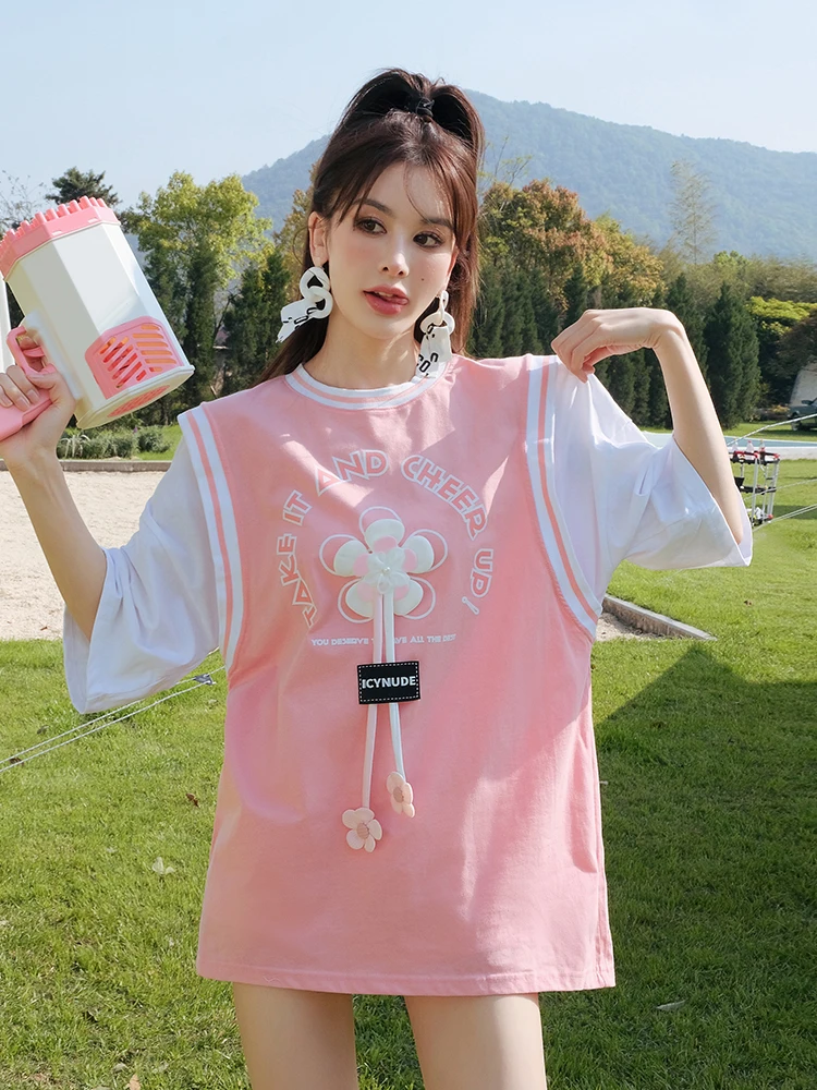 

Sweet Loose ort Sve T-irt IcyNude Store Baskeall Girl Fake Two-Piece Women's Summer Clothing Cotton Polyester Elasti...