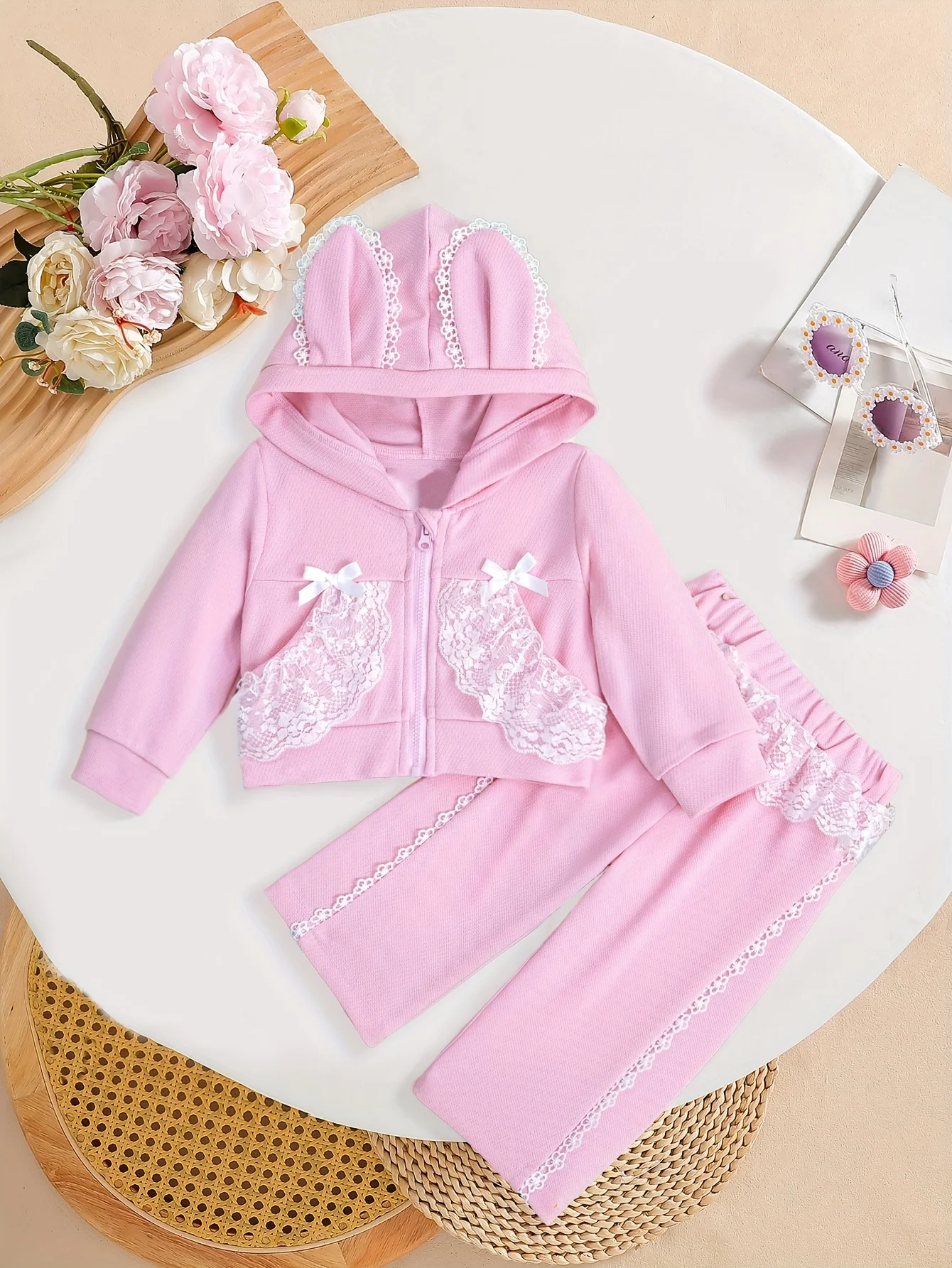 

Spring Baby Girl 2-Piece Zipper Long-Sleeve Hooded Sweatshirt + Lace Warm Pants Outdoor & Back-to-School Valentine/Birthday Gift