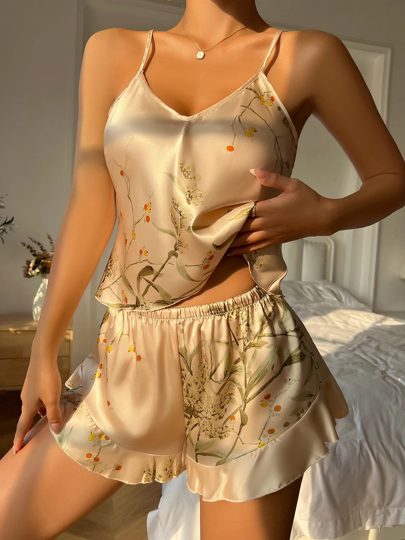 fashion sexy sling tops with shorts two-piece set ladies casual pajamas set women’s home wear sleepwear floral printed nightwear