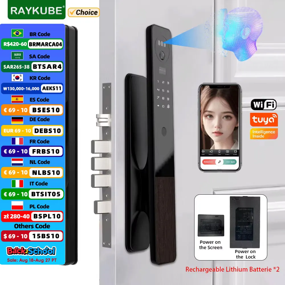 

RAYKUBE MO Tuya WiFi 3D цифровой дверной замок с распознаванием лиц и 2 перезаряжаемыми батареями Wi-Fi камера видеозвонок Tuya APP разблокировка