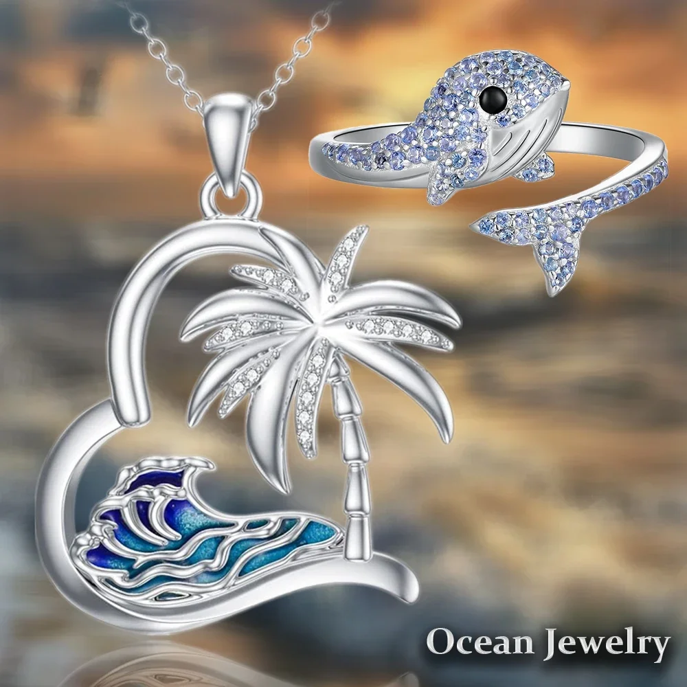 2Pcs/Set Exquisite Coastal Style Coconut Tree Pendant Necklace Crystal Whale Ring Women's Jewelry Accessories Commemorative Gift