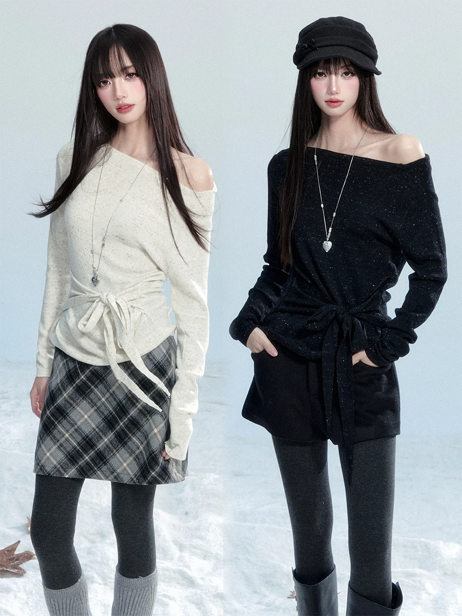 

Korean Style Slim Fit Knitted Base Shirt T-Shirt Shoulder Braid Design Casual Floral Pattern Polyester Blend Long Sleeve Top