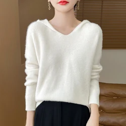 2024 Striped Autumn/Winter 100% Merino Wool hoodie New cashmere sweater Women's V-neck hoodie warm bottom knit shirt top
