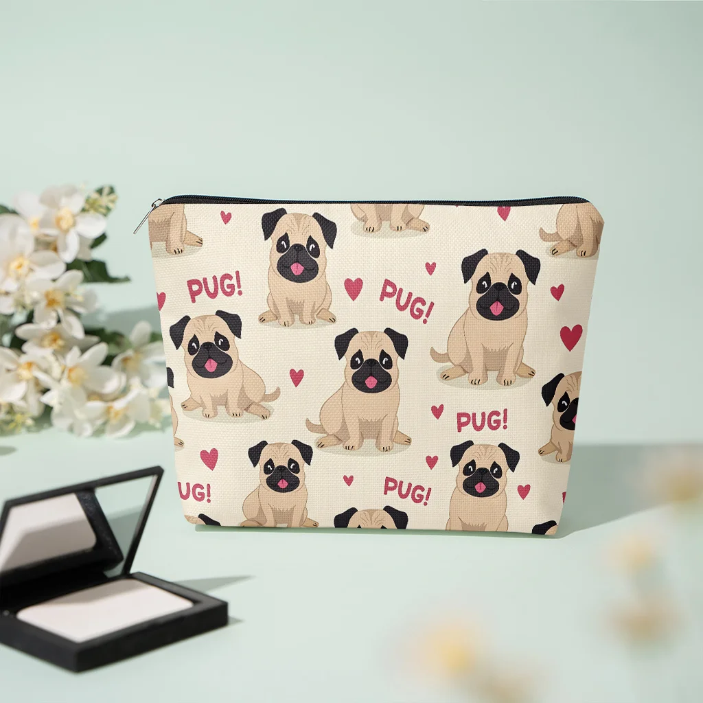 Cute Pug Dog Red Heart Print Cosmetic Bag Zipper Makeup Pouch Portable Travel Storage Bag Pug Lover Gift for Women