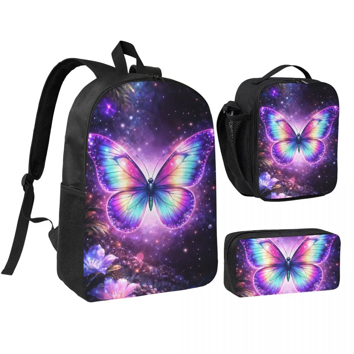 Vibrant Butterfly And Flower Pattern Backpack Boys Girls BookBag School Bag Shoulder Bags 3ps Insulated Lunch Bag Pencil Case