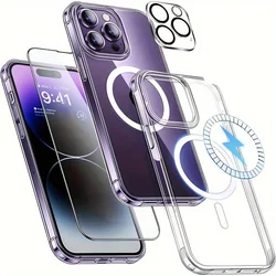 Clear Phone Case with Screen Protector for Magnetic Wireless Charge iPhone 16 15 Pro Max 14 Plus 13 12 Mini 11 Slim Back Cover